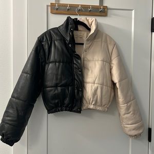 Faux Leather Split color Puffy Jacket